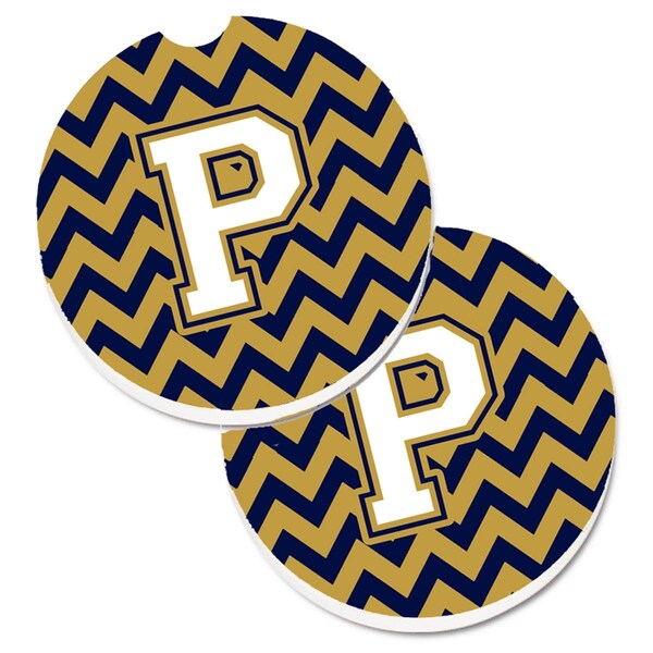 Carolines Treasures Letter P Chevron Navy Blue and Gold Set of 2 Cup Holder Car Coaster CJ1057-PCARC - main